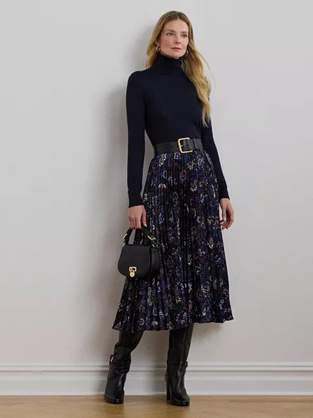 Lauren Ralph Lauren Navy Floral Pleated Midi Skirt